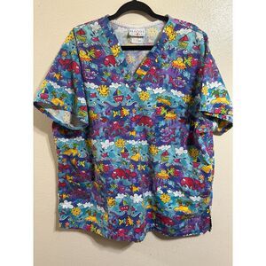 Peaches Day At the Beach Tropical Unisex Scrubs 3-Pocket Front, Size XL